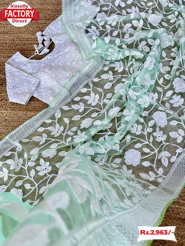 Sea Blue Organza Embroidered Saree With Stitched Blouse