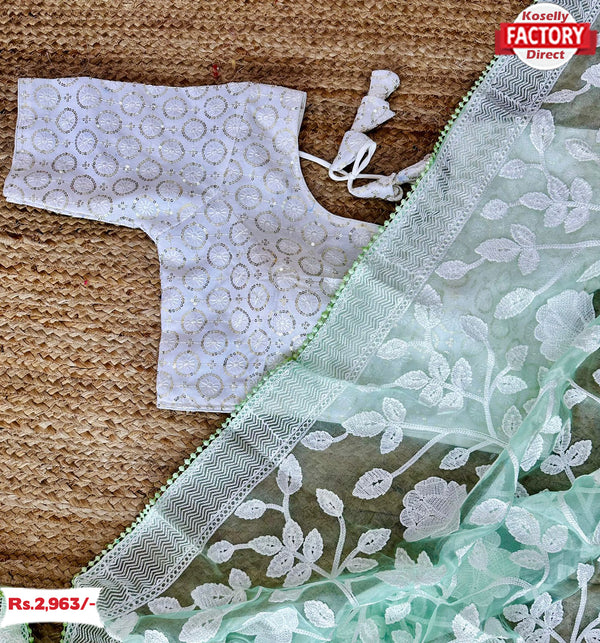 Sea Blue Organza Embroidered Saree With Stitched Blouse