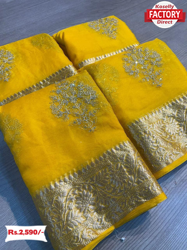 Yellow Organza Silk Saree With Embroidery