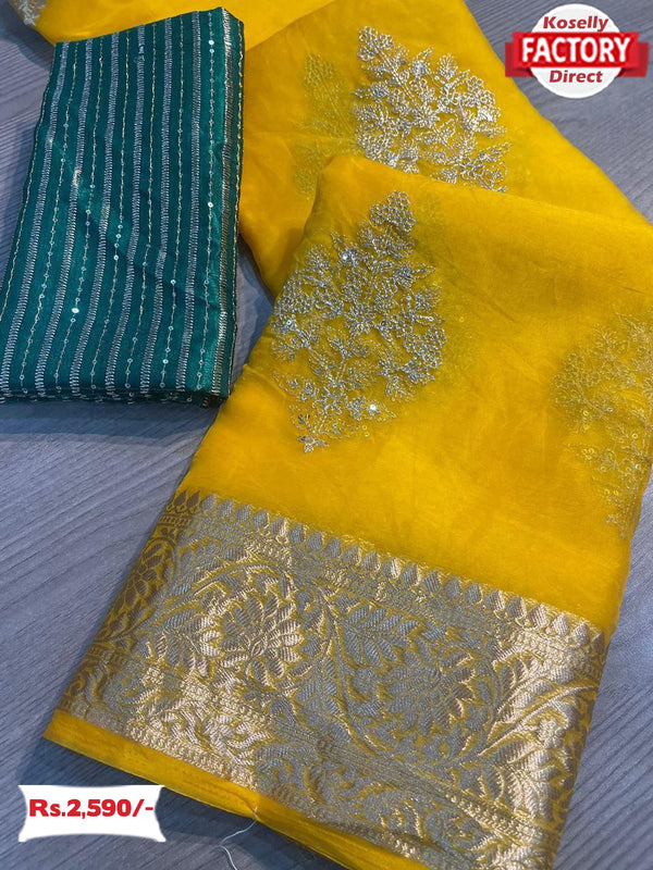 Yellow Organza Silk Saree With Embroidery
