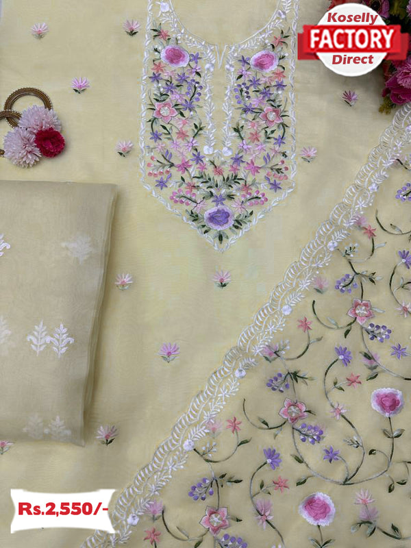 Yellow Embroidered Organza Silk Kurtha Suruwal Piece