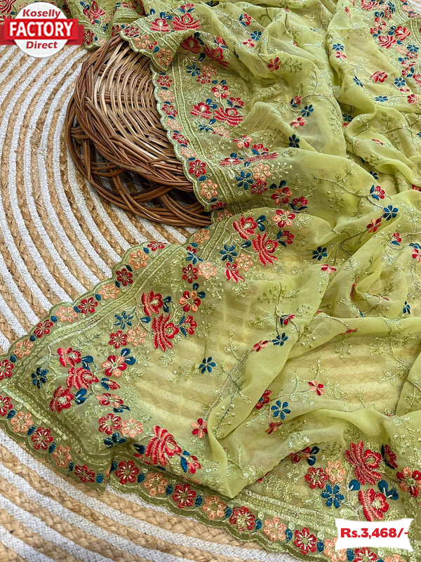 Parrot Green Soft Georgette Embroidered Partywear Saree