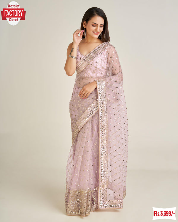 Baby Pink Net Sequins Embroidered Partywear Saree