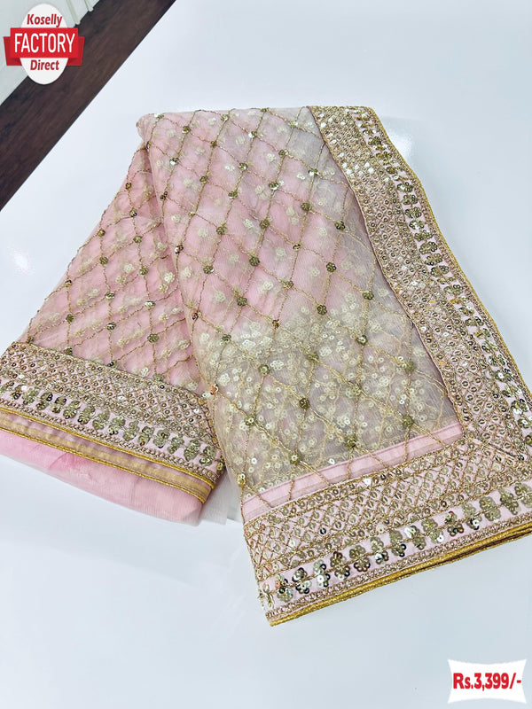 Baby Pink Net Sequins Embroidered Partywear Saree
