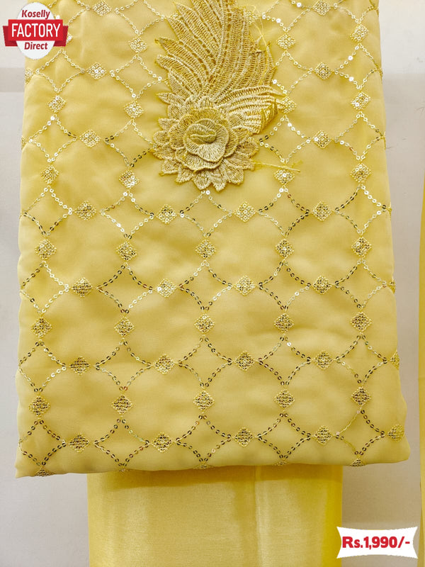 Yellow Georgette Sequins Embroidered Kurtha Suruwal Piece