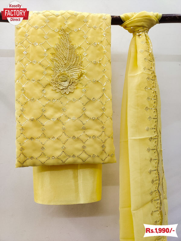 Yellow Georgette Sequins Embroidered Kurtha Suruwal Piece