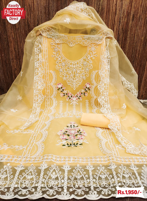 Yellow Organza Embroidered Kurtha Suruwal Piece