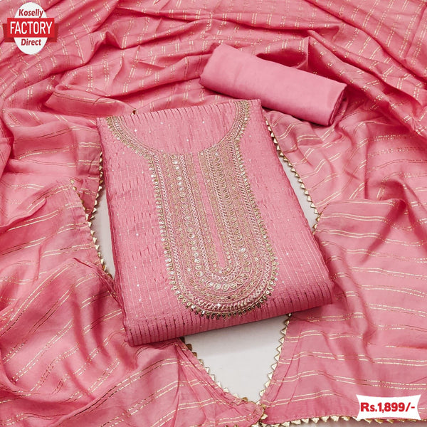 Pink Chanderi Crochet Embroidered Kurtha Suruwal Piece