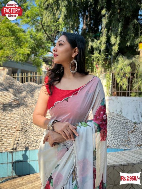 White Premium Georgette Handwork Partywear Saree