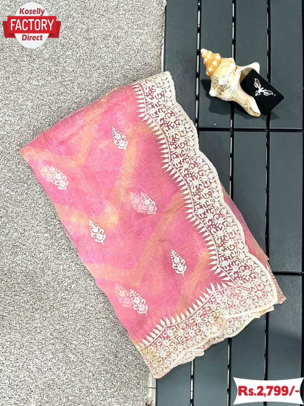 Pink Pure Organza Leheriya Embroidered Saree
