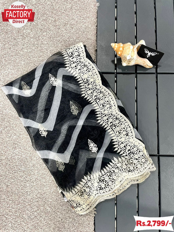 Black Pure Organza Leheriya Embroidered Saree