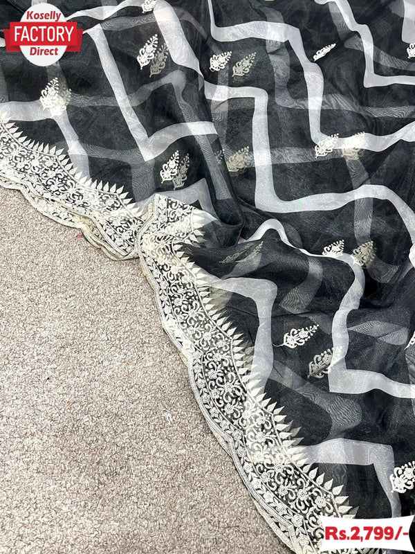 Black Pure Organza Leheriya Embroidered Saree