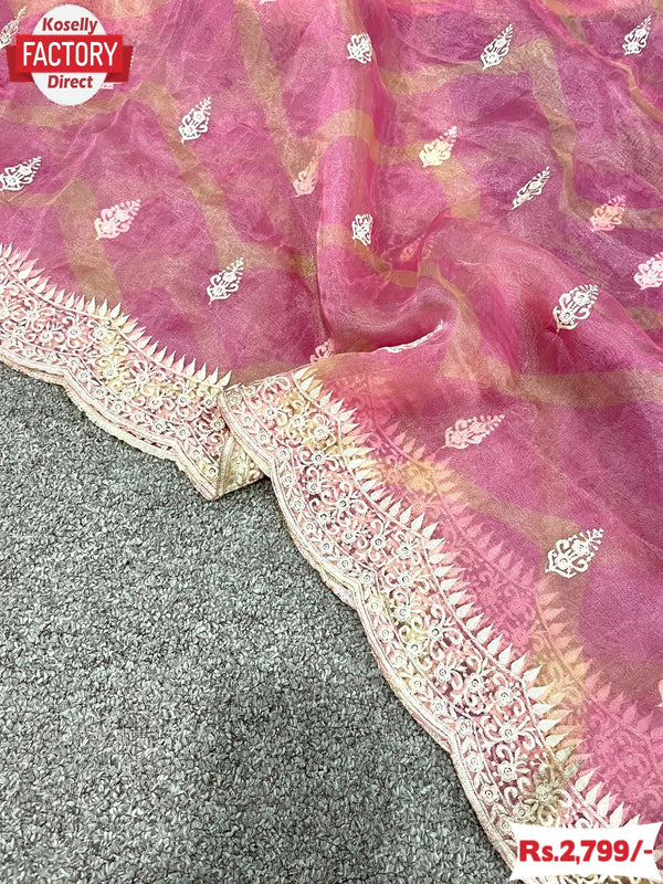 Pink Pure Organza Leheriya Embroidered Saree