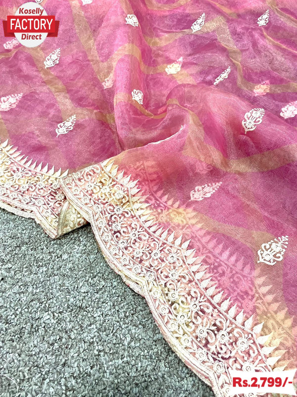 Pink Pure Organza Leheriya Embroidered Saree