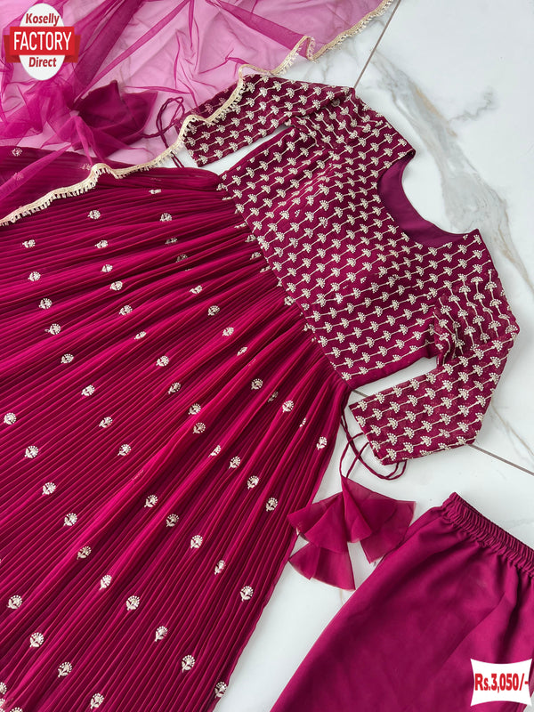 Wine Crush Georgette Kurtha Palazzo Dupatta Set