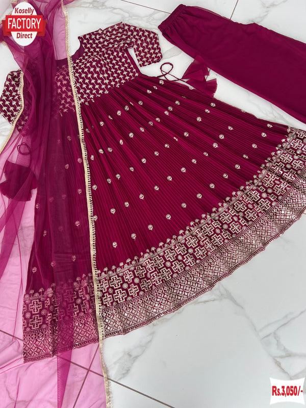 Wine Crush Georgette Kurtha Palazzo Dupatta Set