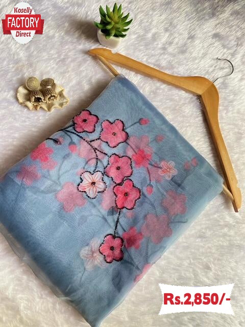 Ash Handwork Organza Fancy Saree With Readymade Blouse