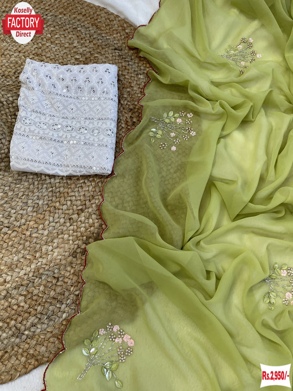 Light Green Pure Georgette Silk Saree With Khatli Handwork