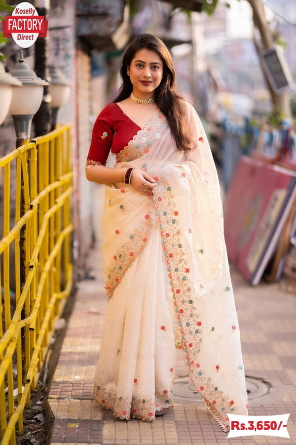 Off-white Soft Organza Partywear Fancy Saree