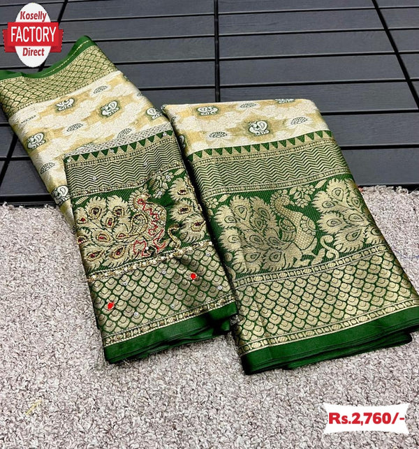 Off-white Banarasi Handloom Silk Saree With Green Border