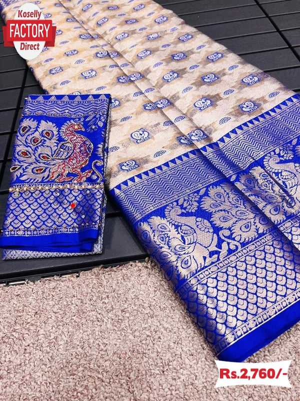 Off-white Banarasi Handloom Silk Saree With Blue Border