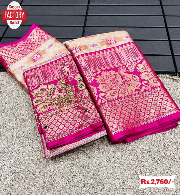 Off-white Banarasi Handloom Silk Saree With Pink Border