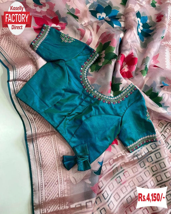 Peach Pure Organza Brasso Partywear Saree