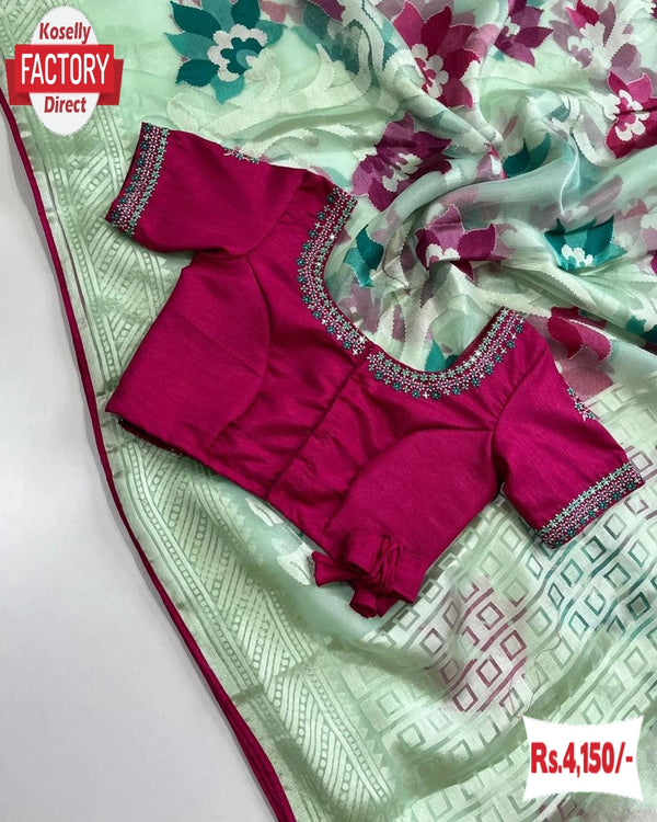 Faint Green Pure Organza Brasso Partywear Saree