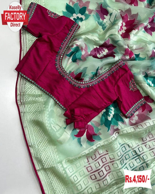 Faint Green Pure Organza Brasso Partywear Saree