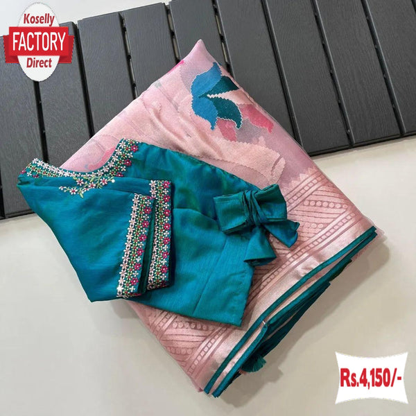 Peach Pure Organza Brasso Partywear Saree