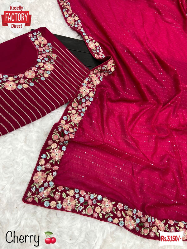Cherry Blooming Vichitra Multi-matte Sequins Partywear Saree