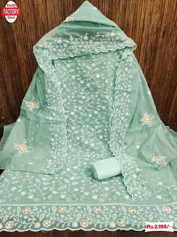 Light Turquoise Modal Chanderi Embroidered Kurtha Suruwal Piece