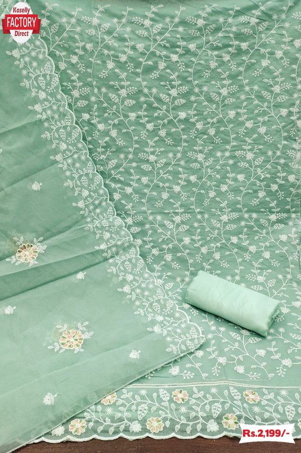 Light Turquoise Modal Chanderi Embroidered Kurtha Suruwal Piece