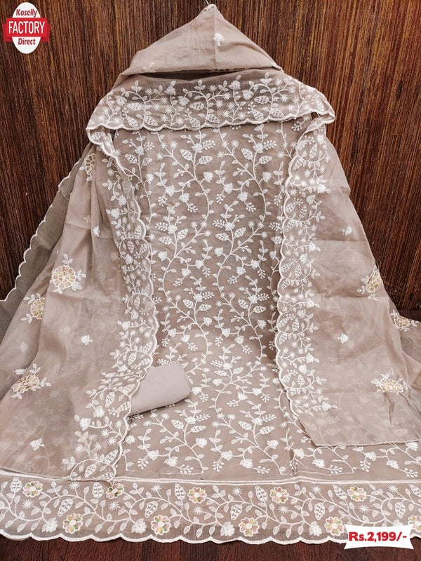 Camel Brown Modal Chanderi Embroidered Kurtha Suruwal Piece