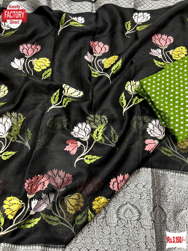 Black Kanchipuram Organza Thread And Stone Work Saree