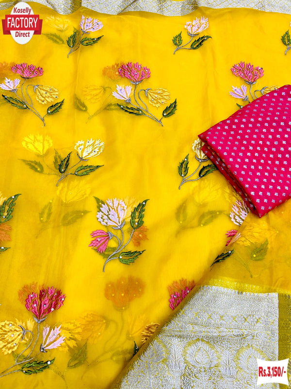 Yellow Kanchipuram Organza Thread And Stone Work Saree