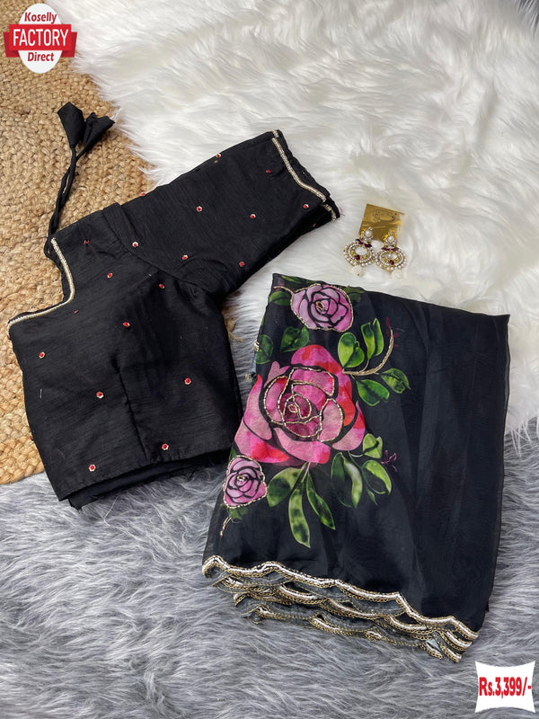 Black Floral Pure Organza Handwork Saree With Stitched Blouse