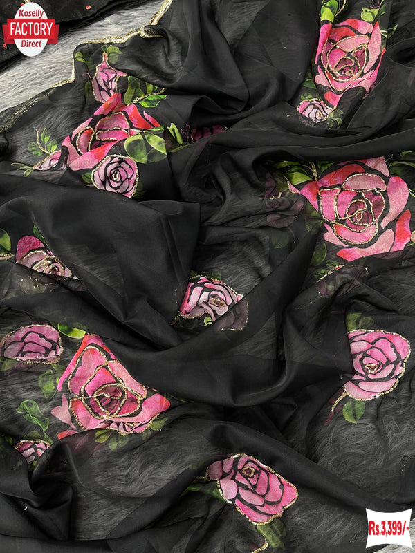 Black Floral Pure Organza Handwork Saree With Stitched Blouse