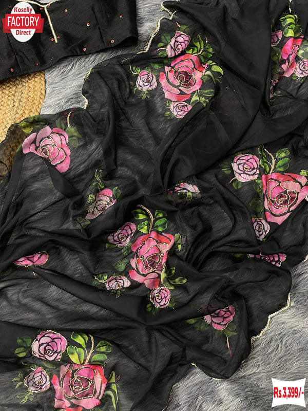 Black Floral Pure Organza Handwork Saree With Stitched Blouse