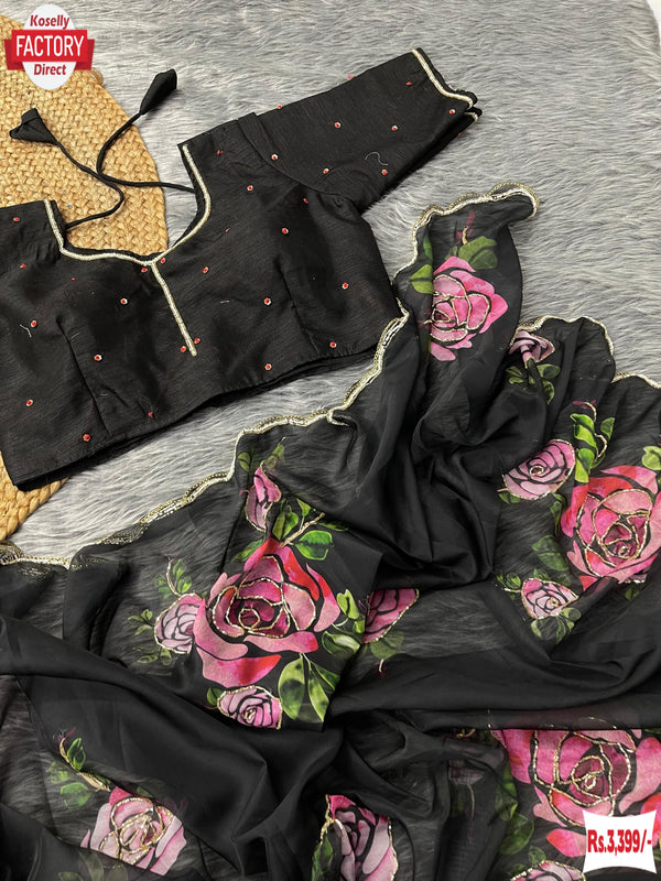 Black Floral Pure Organza Handwork Saree With Stitched Blouse