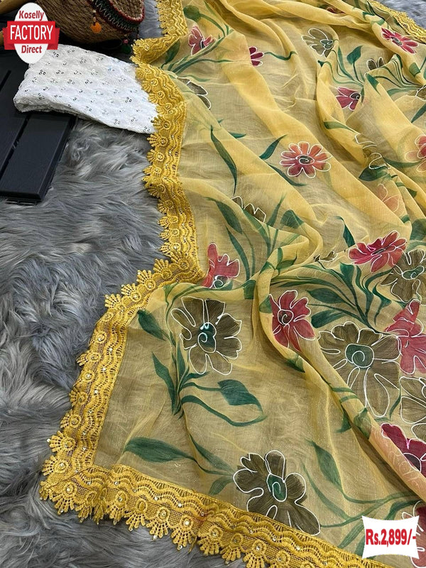 Yellow Shimmer Chiffon Handprinted Partywear Saree