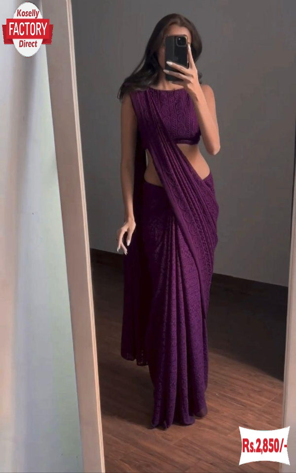 Purple Georgette Chikankari Sequins Work Partywear Saree