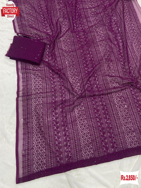 Purple Georgette Chikankari Sequins Work Partywear Saree