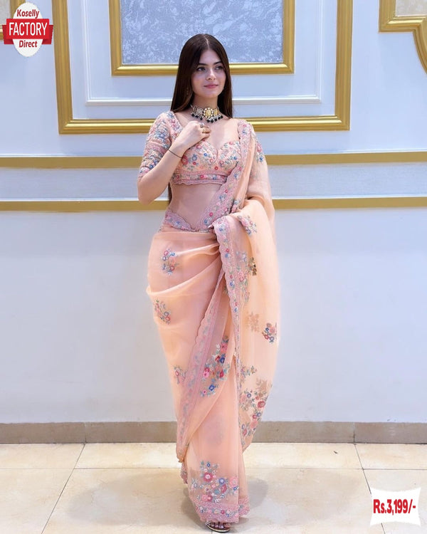 Peach Organza Multi-sequins And Threadwork Partywear Saree
