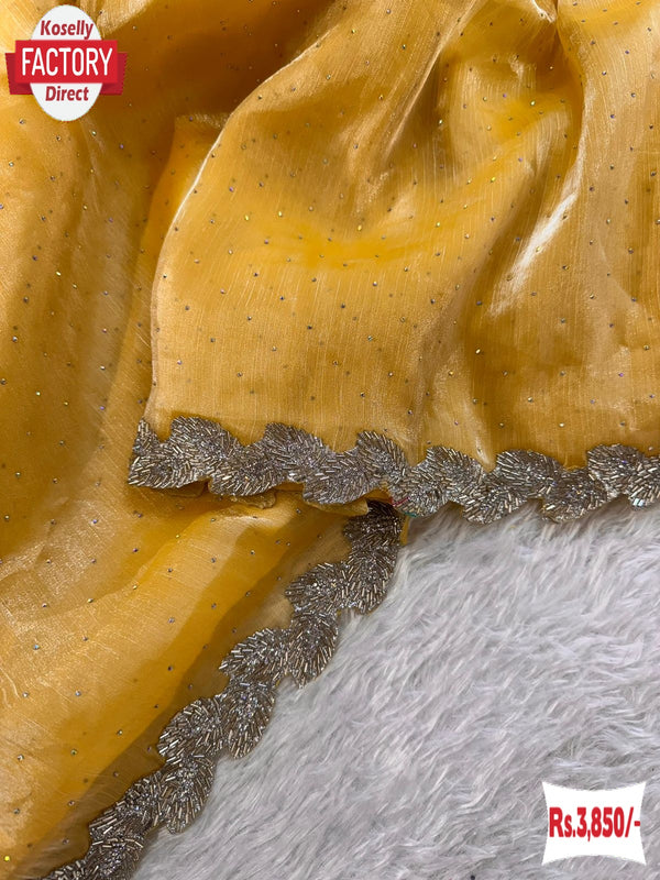 Yellow Pure Jimmy Choo Silk Zircon Stone Work Partywear Saree