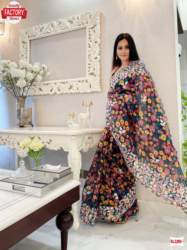 Black Organza Digital Printed Thread And Sequins Work Saree With Stitched Blouse