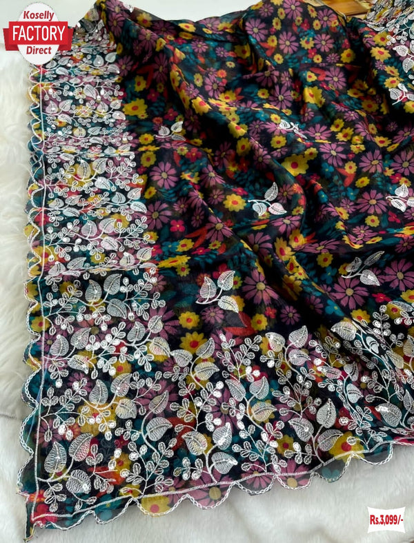 Black Organza Digital Printed Thread And Sequins Work Saree With Stitched Blouse