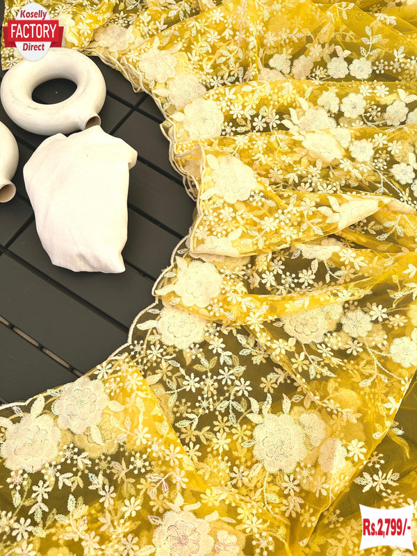 Yellow Heavy Net Thread And Sequins Work Fancy Saree