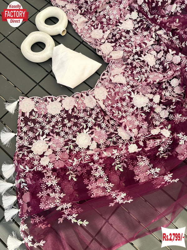 Wine Heavy Net Thread And Sequins Work Fancy Saree