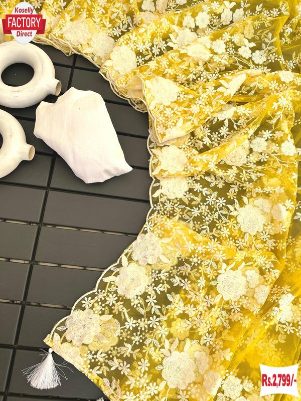 Yellow Heavy Net Thread And Sequins Work Fancy Saree